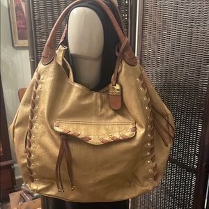 Jessica Simpson Gold Hobo Bag with Brown Trim and Tassels